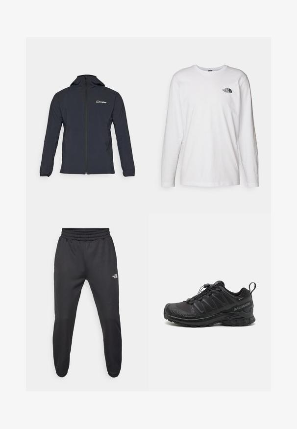 Lehká černá bunda s kapucí vyrobená z voděodolného materiálu, má celý přední zip a logo na horní levé straně.; Bílý dlouhý rukáv tričko vyrobené z bavlny s kulatým výstřihem. Na hrudi se nachází malé černé logo. Hladká textura, běžný střih.; Černé tepláky s nastavitelným pasem, zúženým střihem, elastickými manžetami a malým bílým logem na levém stehně, vyrobené z hladké tkaniny.; Černá sportovní bota s texturovaným syntetickým svrškem, polstrovanou podrážkou a rychlouzavíracím systémem. Obsahuje zesílenou špičku a patu.