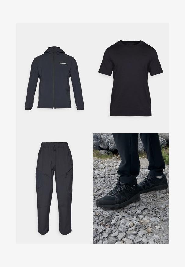 Leichte schwarze Kapuzenjacke aus wasserabweisendem Material, mit einem durchgehenden Reißverschluss vorne und einem Logo auf der oberen linken Seite.; Schwarzes T-Shirt aus glattem Stoff mit Rundhalsausschnitt und kurzen Ärmeln. Dezente Markenlogo-Druck in Schwarz auf der Brust.; Schwarze Cargo-Hosen aus leichtem, wasserabweisendem Material; verfügen über einen elastischen Bund, mehrere Reißverschlusstaschen und schmal zulaufende Beine.; Schwarze Outdoor-Schuhe aus Mesh und synthetischem Material, mit einer strukturierten Oberseite, gesichertem Schnürsystem und griffiger Laufsohle, auf felsigem Gelände.