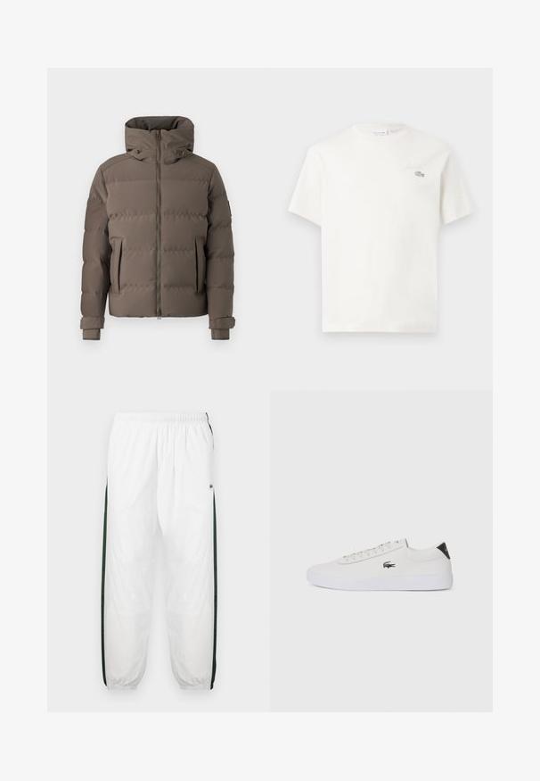 Brūns pūkains mētelis ar augstu apkakli, ar rāvējslēdzēju, divām priekšējām kabatām un regulējamiem aprocēm. Gluda tekstūra ar kvadrātveida rakstu.; Balts kokvilnas T-krekls ar īsām piedurknēm, kuram ir smalka izšūta logo un minimālisma dizains. Mīksta tekstūra, apaļa kakla izgriezums.; Baltas sporta bikses ar tumši zaļām sānu joslām. Viegls materiāls, elastīga josta un aproces apakšā. Satur acu auduma tekstūru sānu joslās.; Baltas ādas sporta apavu modelis ar noapaļotu purngalu, sasienamu priekšpusi un melnu papēža akcentu. Satur nelielu izšūtu krokodila logo sānos.