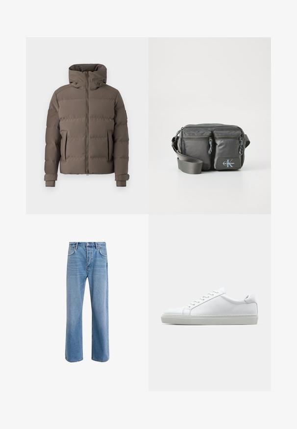 Brązowa kurtka puchowa z wysokim kołnierzem, zamkiem błyskawicznym, dwoma przednimi kieszeniami i regulowanymi mankietami. Gładka faktura z pikowanym wzorem.; Koszula z długim rękawem o stójce w jasnokremowym kolorze, wykonana z bawełny. Gładka tekstura, luźny krój, minimalistyczny design, bez widocznych wzorów i akcentów.; Jasnoniebieskie dżinsy o prostym kroju, pięć kieszeni, zapięcie na guzik, minimalne blaknięcia i kontrastowe wykończenia szwów.; Białe sneakersy z gładką skórzaną cholewką i niskim profilem. Posiadają okrągły nos, sześć dziurek na sznurówki oraz teksturowaną gumową podeszwę.; Szara nylonowa torba na ramię z dwoma zapinanymi na zamek przednimi kieszeniami, regulowanym paskiem i akcentem z logo. Gładka powierzchnia o nowoczesnym wzornictwie.