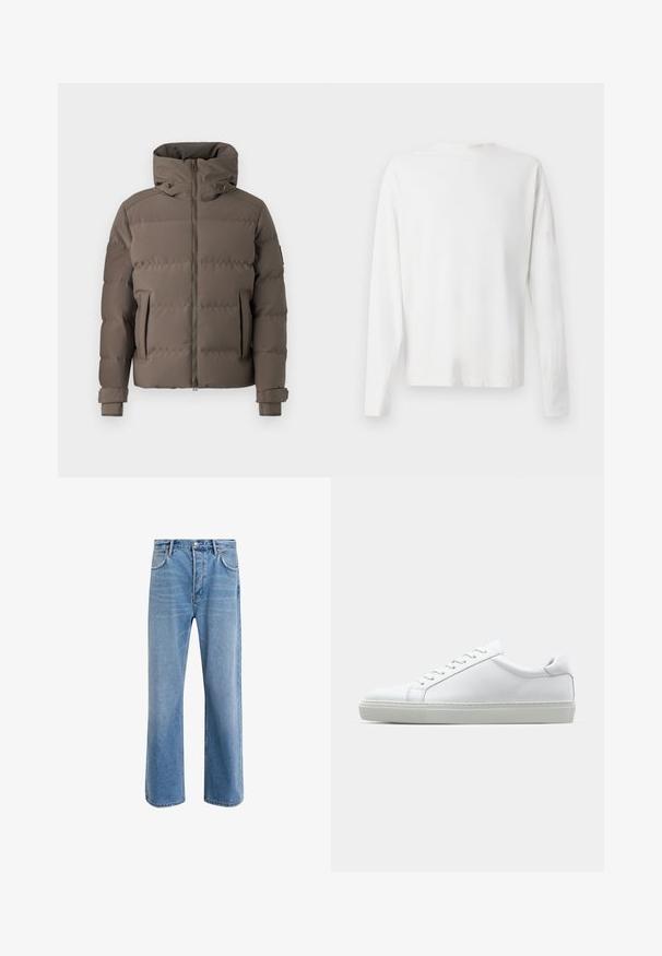 Geacă puf din brown cu guler înalt, închidere cu fermoar, două buzunare frontale și manșete ajustabile. Textură netedă cu un design matlasat.; Cămașă albă din bumbac cu mâneci lungi, decolteu rotund, fante pe laterale la baza, cu o textură netedă, expusă din spate.; Jeans din denim bleu deschis cu un design drept, cinci buzunare, închidere cu buton, decolorare minimă și detalii de cusătură în contrast.; Adidași albi cu o suprafață din piele netedă și un profil jos. Au un vârf rotunjit, șase orificii pentru șireturi și o talpă din cauciuc texturată.