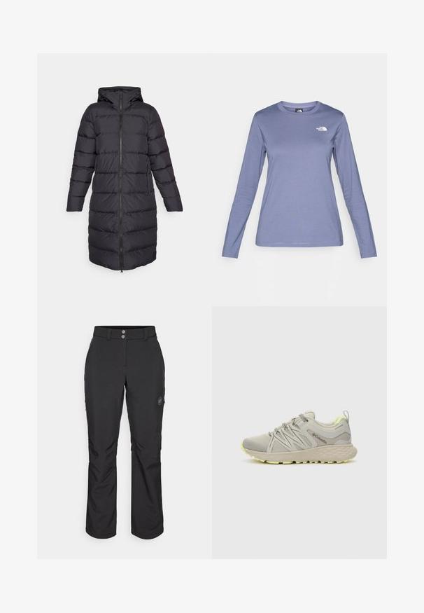 Črna pufasta jakna s kapuco, z zadrgo, dolgimi rokavi in vodoravno prešitimi detajli. Vključena sta dva stranska žepa.; Majica z dolgimi rokavi iz svetlo vijoličnega blaga, z okroglo ovratnikom in logotipom The North Face v beli barvi na levi strani prsnega koša. Gladka tekstura, sproščeno prileganje.; Črne zunanje hlače ravnega kroja, z gumbom za zapiranje, z zadrgo in stranskimi žepi ter logotipom na levi stegn.; Columbia PEAKFREAK - Pohodniški čevlji - dove/citron haze