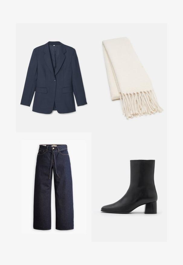 Navy blue blazer made of textured fabric, featuring notched lapels, two front pockets, and a single button closure.; Light cream-colored sweater with long sleeves, round neckline, and ribbed hem. Made from a soft material, featuring a smooth texture.; Wide-leg dark blue denim jeans with a high waist, featuring a drawstring tie, five pockets, and contrasting stitching details.; Black leather ankle boot with a pointed toe and a chunky square heel. Smooth texture with a seamless design and minimalistic stitching.; White scarf with a textured pattern, featuring fringed ends. Material appears soft and lightweight, folded neatly for display.; Black tote bag made of textured material, featuring two long handles and a simple, minimalistic design with no visible hardware.