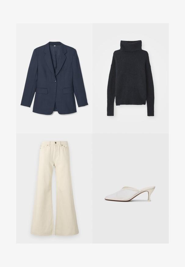 Blazer blu navy realizzato in tessuto testurizzato, con rever a scissi, due tasche frontali e chiusura con un solo bottone.; Maglione a collo alto di colore blu scuro, realizzato in un morbido tessuto testurizzato. Presenta maniche lunghe, una vestibilità ampia e dettagli a costine sul colletto e sui polsini.; Jeans flare beige chiaro in cotone. Presentano un'alta vita, cinque tasche e una chiusura con bottone con dettagli di cucitura a contrasto.; Mule bianco in rete con punta appuntita, tacco medio sottile e design slip-on su uno sfondo semplice.