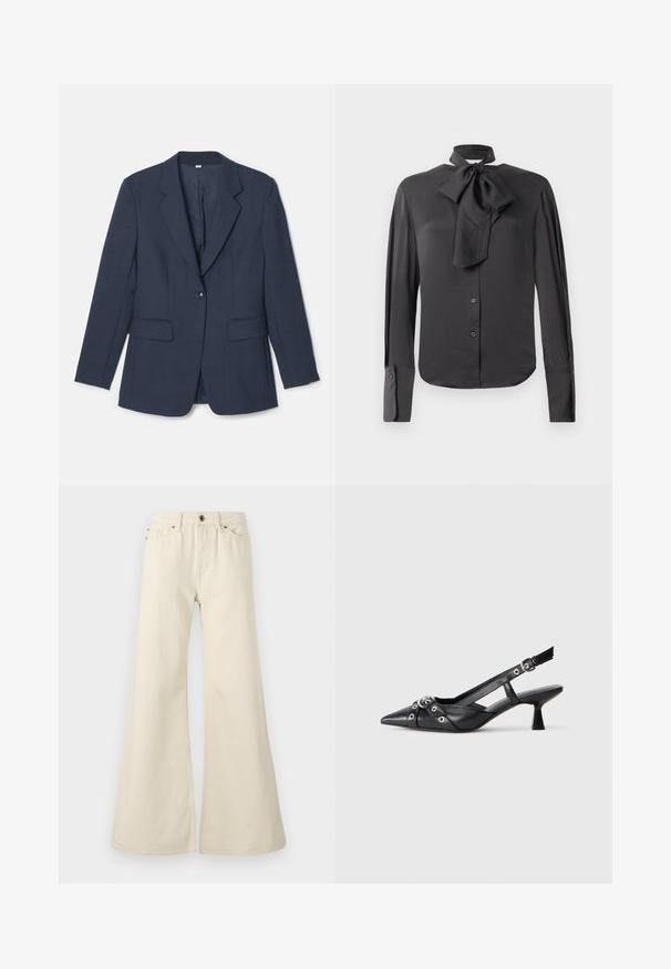 Sötétkék blézer texturált anyagból, kiemelkedő hajtókákkal, két elülső zsebbel és egy gombos záródással.; Fekete blúz sima anyagból, masni nyakú, teljes hosszúságú ujjal, gombos elülső részével és mandzsetta részletekkel.; Világos bézs színű, bővülő szárú farmernadrág, pamutból készült. Magas derékkal, öt zsebbel és kontrasztos varrási részletekkel ellátott, gombos záródással rendelkezik.; Fekete bőr slingback cipő hegyes orral, dekoratív pántokkal, fém szemekkel és alacsony blokk sarkú. Texturált felület.