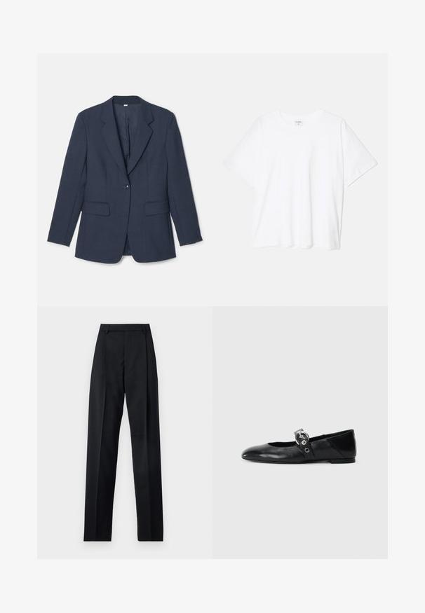 Navy blue blazer made of textured fabric, featuring notched lapels, two front pockets, and a single button closure.; White cotton t-shirt with short sleeves, round neckline, relaxed fit, and stitched hem. Label visible on the inside neck.; Black trousers made from smooth fabric featuring a high waist, wide legs, front pleats, and classic belt loops. No side pockets visible.; Black leather ballet flats with a pointed toe, featuring a strap with a circular metallic buckle and a flat sole.