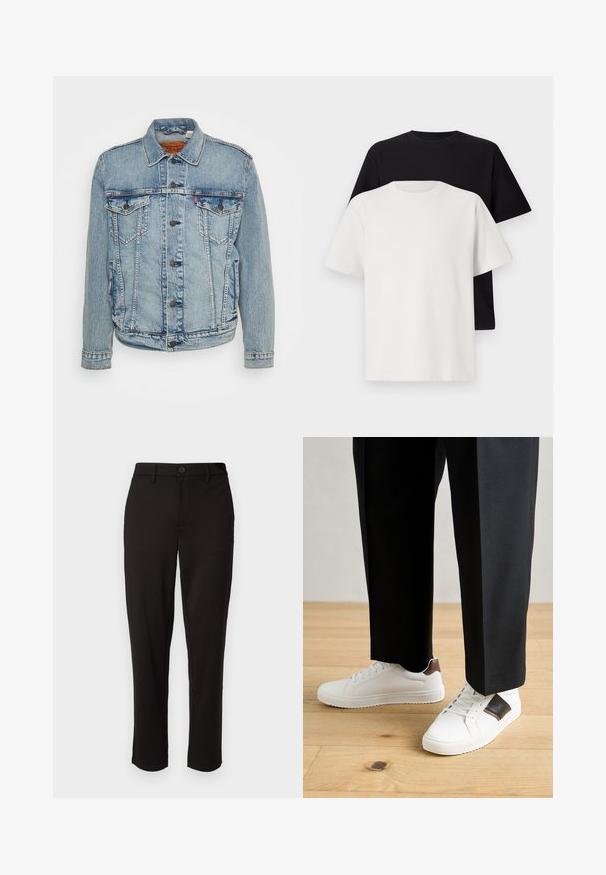 Levi's® TRUCKER - Giacca di jeans - always better trucker; Set di t-shirt in cotone composto da una maglietta nera e una bianca, entrambe con maniche corte, scollatura rotonda e vestibilità standard. Tessuto testurizzato.; Pantaloni neri in tessuto leggero, con gamba dritta, chiusura frontale con bottone, passanti per cintura e tasche laterali.; Sneakers bianchi dalla texture liscia, con dettagli in pelle marrone e particolari neri, abbinati a pantaloni neri su misura. Sfondo in parquet.