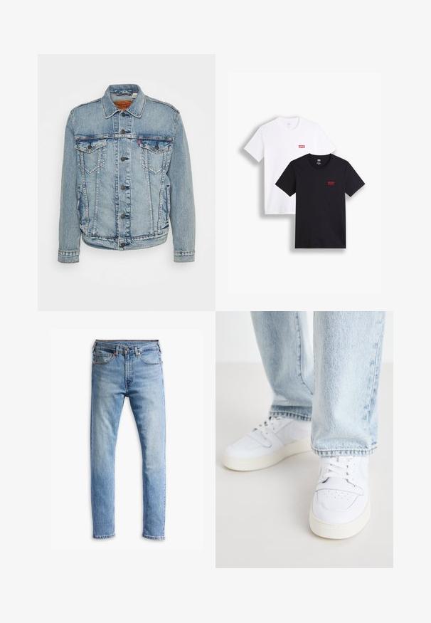 Levi's® THE TRUCKER - Džinsinis švarkelis - always better trucker; Du mieli trumpi rankoviai marškiniai: vieni balti, kiti juodi. Abu pagaminti iš medvilnės, su raudona Levi's logotipu ant krūtinės. Paprastas apvalaus kaklo dizainas.; Šviesiai mėlynos džinsinės kelnės su tiesiu kirpimu, penkiomis kišenėmis, mygtukų uždarymu ir subtiliu išblukimu per audinį.; Balti odiniai žemi modeliai kedai su perforuota nosimi, plokščiomis raištelėmis ir minimalistiniu dizainu. Suderinti su šviesiai mėlynomis džinsinėmis kelnėmis.