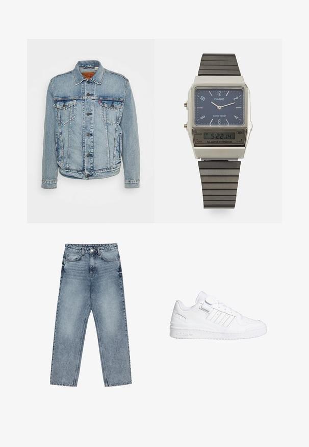 Levi's® THE TRUCKER - Teksajakk - always better trucker; Valge lühikeste varrukatega T-särk, mis on valmistatud pehmest puuvillast. Omab ümarat kaelaauku ja lõdva lõiget, sileda tekstuuri ning puhtat, ilma kaunistusteta disaini.; Heledad sinine teksad sirge lõikega, nähtavate õmblustega, viie taskuga disain ja nupuga kinnitamine vööl.; Valged spordijalatsid sujuva nahast ülemise osaga, auguline varvas, kolm triipu ning Velcro rihmaga. Kummitald koos brändingu detailiga.; Casio digitaalne kell sinise kelladialiga, hõbedase korpuse ja kihilise musta kummirihmaga. Kuvab aega ja häiresätteid. Veekindel.