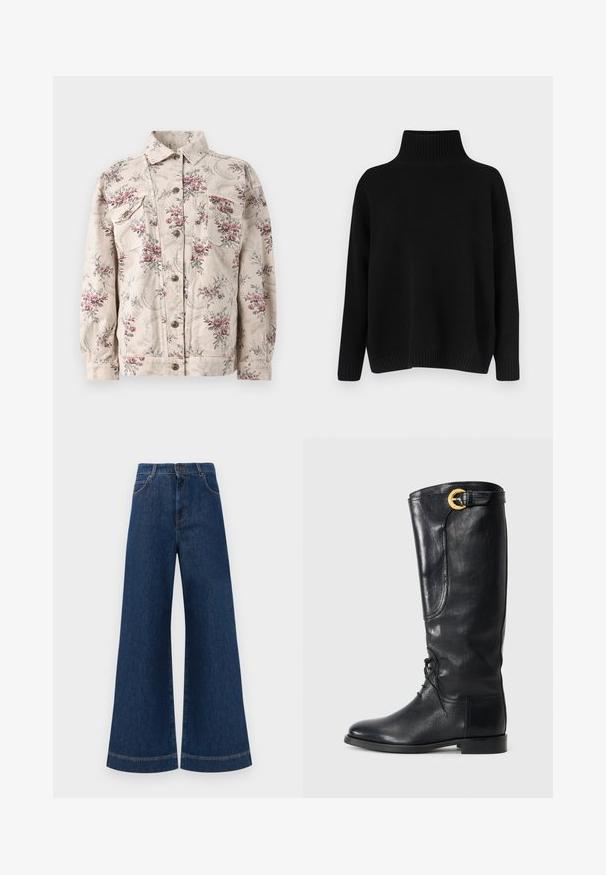 Džínová bunda s kvetinovou potlačou v béžovej farbe s ružovými a šedými kvetmi, s dvoma náprsními vreckami, gombíkovým zapínaním a klasickým golierom.; Čierny pletený sveter s vysokým žebrovaným golierom, spustenými ramenami a voľným strihom. Má žebrované manžety a lem pre textúru.; Modré denimové nohavice so širokými nohavicami a vysokým pásom, ktoré majú gombíkový zapínanie, pútka na opasok a jemné švy pozdĺž vreciek a lemov.; Čierne kožené čižmy po kolená s okrúhlou špičkou, šnurovaním vpredu, bočným detailom a zlatým ozdobným prackou na vrchu. Hladká textura.
