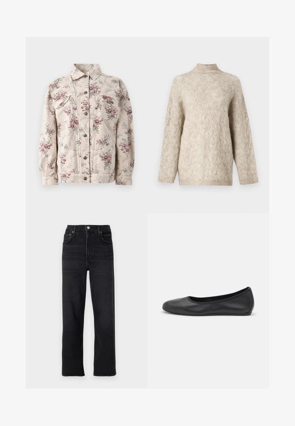 Džínová bunda s kvetinovou potlačou v béžovej farbe s ružovými a šedými kvetmi, s dvoma náprsními vreckami, gombíkovým zapínaním a klasickým golierom.; Bežový pletený sveter s vysokým golierom, ktorý má štruktúrovaný vzor z kablov a voľné rukávy. Vyrobený z mäkkej, nadýchanej priadze.; Čierne džínsy s rovnými nohavicami vyrobené z denimu. Obsahujú päť vreciek, zapínanie na gombík a zips, a jemné detaily v šití.; Čierne kožené baleríny s okrúhlou špičkou, hladkým povrchom, minimálnym prešívaním a flexibilným dizajnom podrážky.