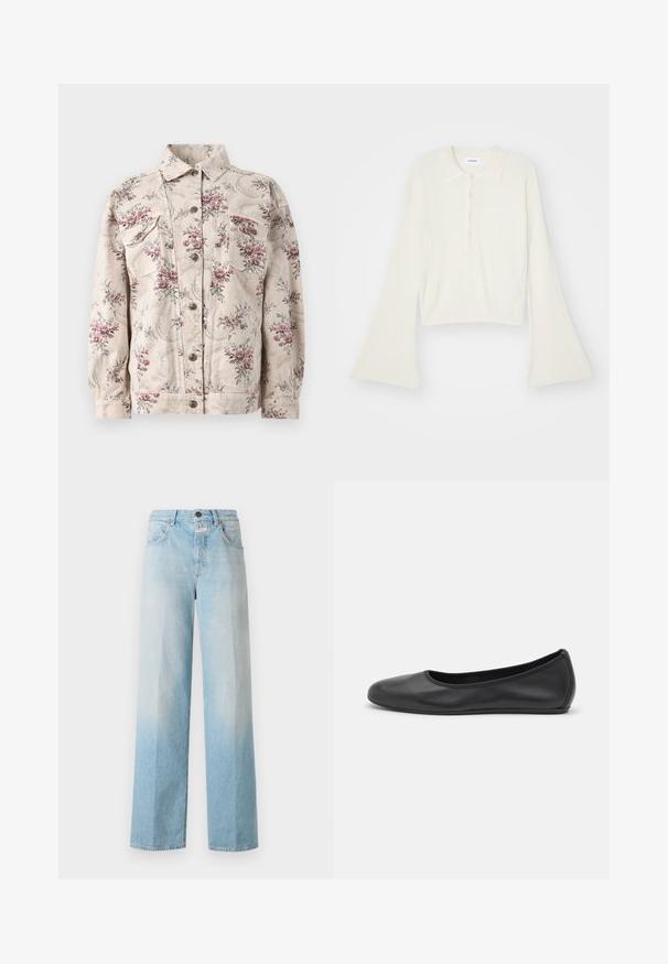 Virágmintás farmerdzseki bézs színben, rózsaszín és szürke virágokkal, két mellzsebbel, gombos elejével és hagyományos gallérral.; Csíkozott, krém színű pólóing hosszú, bővülő ujjakkal és öt gombos nyakkivágással. Puha tapintású gallérral rendelkezik.; Világoskék farmer széles szárú nadrág, elhalványodó gradienttel, klasszikus öt zsebes kialakítással és fémből készült gombzárral.; Fekete bőr balettcipő lekerekített orral, sima tekstúrával, minimális varrással és rugalmas talp kialakítással.