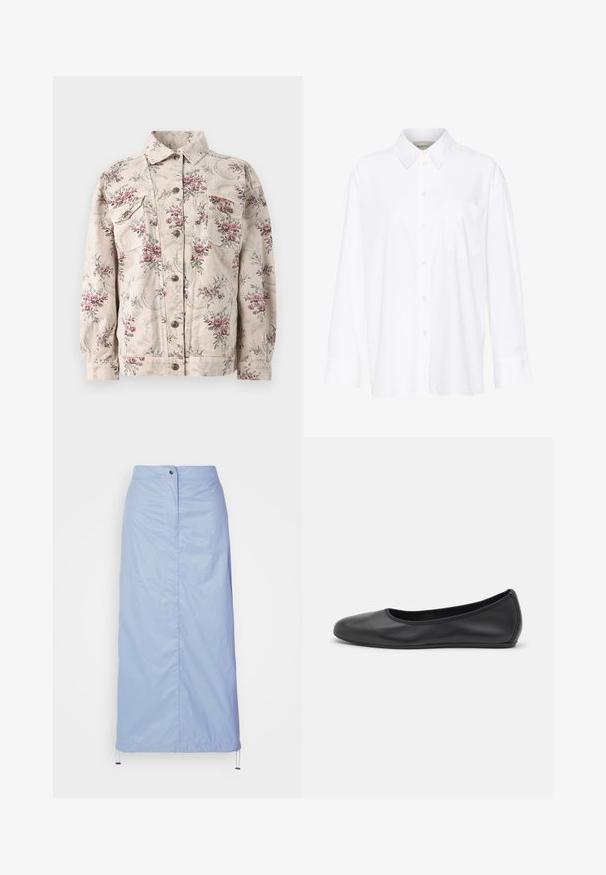 Floral print denim jacket in beige with pink and gray flowers, featuring two chest pockets, a button front, and a standard collar.; White long-sleeve collared shirt made of cotton. Features a button-down front and a single chest pocket. Smooth texture, relaxed fit.; Light blue, mid-length skirt made of smooth, lightweight material with a straight cut, features a front button closure and drawstring hem.; Black leather ballet flat with a rounded toe, smooth texture, minimal stitching detail, and a flexible sole design.