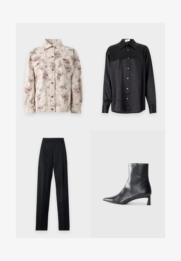 Floral print denim jacket in beige with pink and gray flowers, featuring two chest pockets, a button front, and a standard collar.; Black long-sleeve shirt with a collared neckline, featuring a crinkled texture, full button front, and cuffs. Made from a smooth fabric.; Black trousers made from smooth fabric featuring a high waist, wide legs, front pleats, and classic belt loops. No side pockets visible.; Black leather ankle boot with a pointed toe and a sleek design. Features a low heel and a zipper closure at the back. Smooth texture.