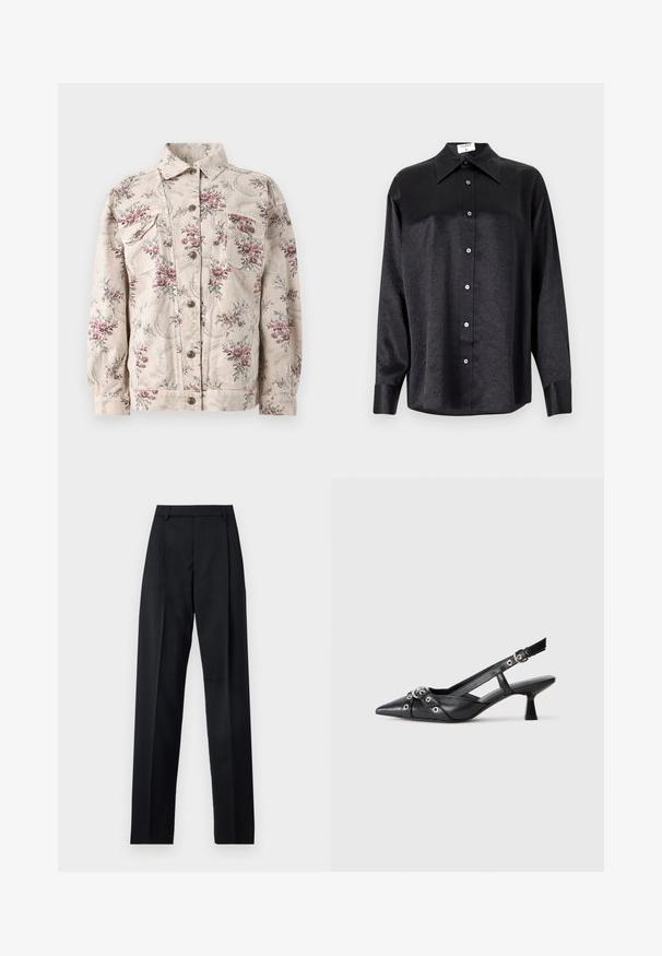 Denimowa kurtka w kwiatowy wzór w odcieniu beżowym, z różowymi i szarymi kwiatami, posiadająca dwie kieszenie na piersi, zapięcie na guziki oraz standardowy kołnierzyk.; Czarna koszula z długim rękawem i kołnierzykiem, o pogniecionej teksturze, z pełnym zapięciem na guziki z przodu oraz mankietami. Wykonana z gładkiego materiału.; Czarne spodnie wykonane z gładkiego materiału, z wysokim stanem, szerokimi nogawkami, fałdami z przodu i klasycznymi szlufkami na pasek. Brak widocznych kieszeni bocznych.; Czarne skórzane buty typu slingback z ostrym noskiem, ozdobnymi paskami z metalowymi oczkami oraz niskim klinowym obcasem. Teksturowana powierzchnia.