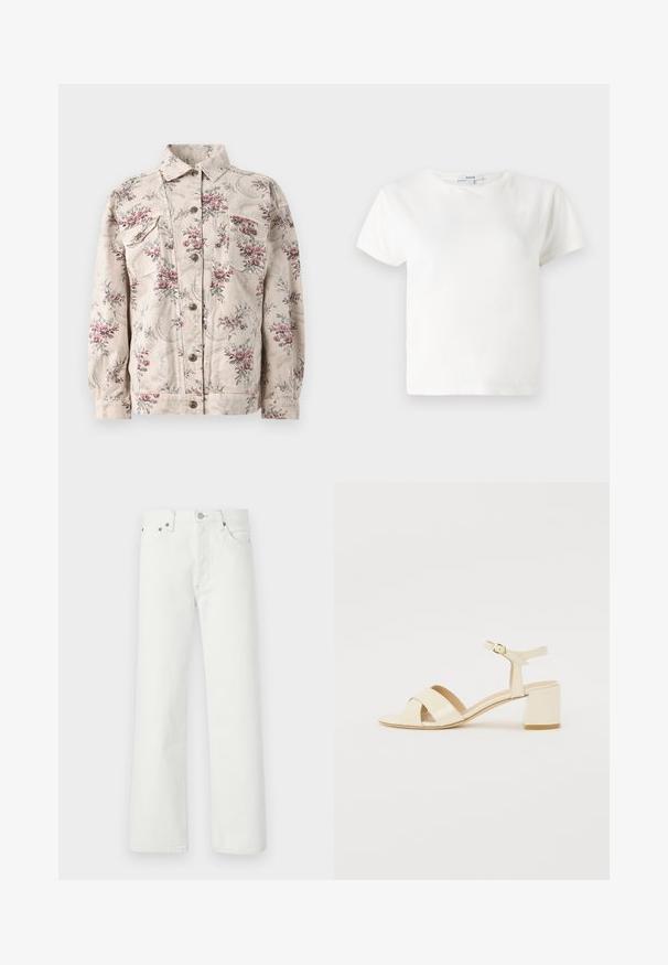 Beige denimjack met een bloemenprint in roze en grijs, voorzien van twee borstzakken, een knoopsluiting aan de voorkant en een standaard kraag.; Witte katoenen t-shirt met korte mouwen, ronde halslijn en een relaxte pasvorm. Etiket zichtbaar aan de kraag, gladde textuur. Eenvoudig ontwerp, geen patronen.; Witte spijkerbroeken van denim met een rechte pijp, een vijf-pocketontwerp en metalen hardwareaccenten op de tailleband en zakken.; Beige gepolijst lederen sandalen met hakken, voorzien van een kruisbandontwerp, open teen, verstelbare enkelband en een blokhak. Gladde textuur.