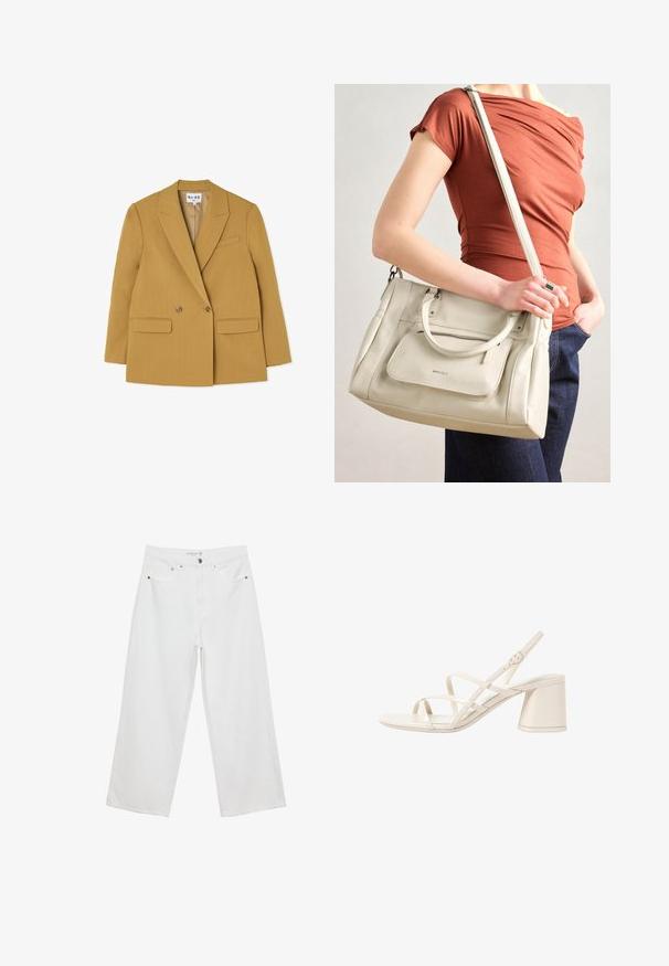 Blazer jaune croisé avec revers à cran, deux poches avant et boutons marron, présentant une silhouette structurée et une texture lisse.; Un body blanc avec un encolure carrée, sans manches, texture lisse et fermeture à pression au bas. Style simple et minimaliste.; Jean large blanc en denim avec taille haute, comportant cinq poches et des accents en métal. Texture lisse, sans motifs visibles.; Sandales à talons beiges avec des fines brides entrecroisées, bout ouvert et un talon carré. Fini en vernis lisse, bride de cheville réglable.; Sac à main en cuir blanc avec des poignées doubles et une bandoulière amovible, doté d'une poche zippée à l'avant et d'une texture lisse. Porté au bras d'une personne.