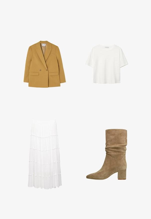 Double-breasted yellow blazer with notched lapels, two front pockets, and brown buttons, featuring a structured silhouette and smooth texture.; White short-sleeve t-shirt made of cotton. Features a crew neckline and a relaxed fit. Smooth texture with no visible patterns or accents.; White tiered skirt made of lightweight fabric, featuring a stretchy waistband, ruffled layers, and a flowing design that extends to mid-calf.; Taupe suede ankle boot with a slouchy design, pointed toe, and a block heel. Smooth texture with seam detailing along the sides.