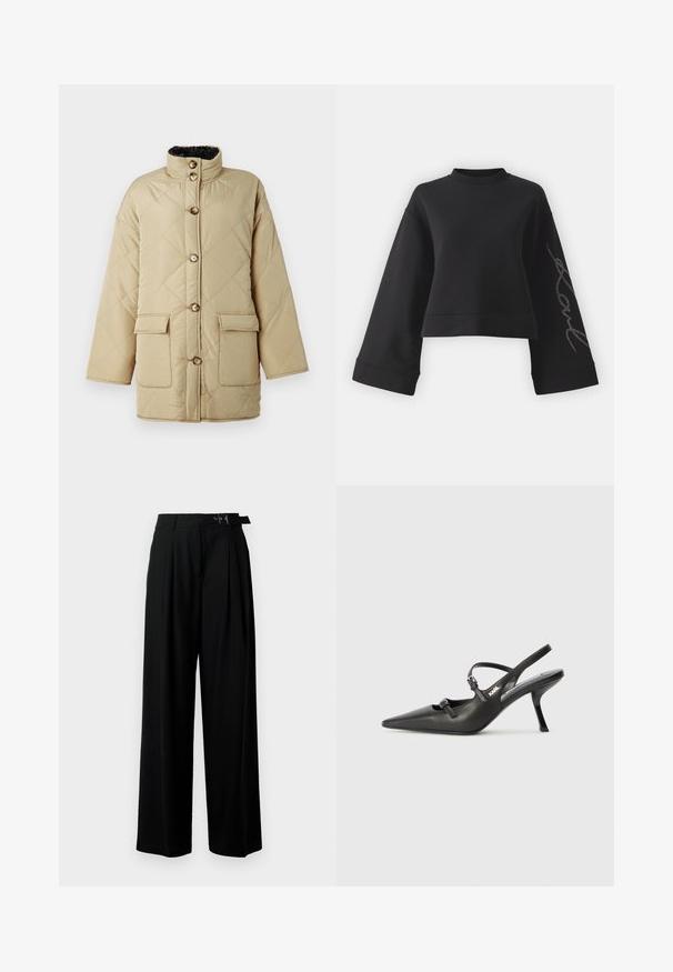 Bež jakna s kvadratom i visokim ovratnikom, koja ima četiri prednja džepa, smeđe dugmadi i mekanu crnu podlogu.; Crna skraćena dukserica od mekog materijala. Ima široke rukave i visok ovratnik sa srebrnim dekoracijama od rhinestona na jednom rukavu.; Crne široke hlače s visokim strukom, nabranima sprijeda i remenom s kopčom. Izrađene od glatkog, laganog materijala.; Crne kožne štikle sa otvorenom petom, s uskim vrhom i dekorativnom kopčom na gornjem dijelu. Glatka tekstura i elegantan dizajn.