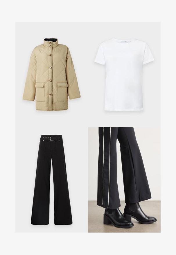 Béžová prošívaná bunda s vysokým límcem, která má čtyři přední kapsy, hnědé knoflíky a měkkou černou podšívku.; Bílá krátká tričko s krátkým rukávem vyrobené z bavlny s kruhovým výstřihem. Hladká textura a rovný střih, bez vzorů nebo akcentů.; Černé široké kalhoty vyrobené z bavlny, s vysokým pasem, velkými bočními kapsami a opaskem s kovovými akcenty v barvě stříbra.; Černé kožené kotníkové boty na blokovém podpatku, s elastickými bočními panely. V kombinaci s černými kalhotami, které mají bílý boční pruh.