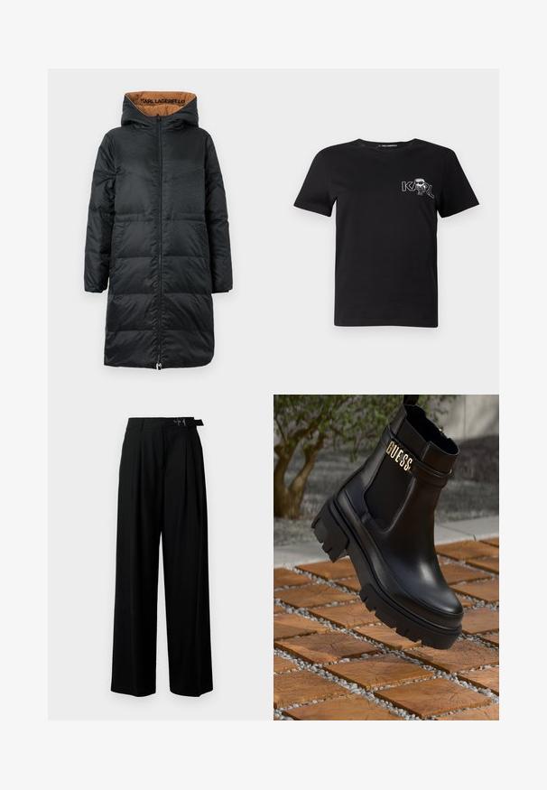 Melnā paliktne jaka ar kapuci, ar pilnu priekšējo rāvējslēdzēju, teksturētu audumu un brūnu odere, kurā iekšpusē ir "KARL LAGERFELD" zīmols.; Melnas īsām piedurknēm T-krekls, izgatavots no kokvilnas. Ar baltu grafiku, kurā rakstīts "KARL" un stilizēta figūra uz krūšu daļas. Apaļš kakla izgriezums.; Melni plaši bikses ar augsto jostasvītru, priekšā ar krokojiem un jostu ar sprādzi. Izgatavotas no gludas, vieglas auduma.; Melna ādas potīšu zābaku ar masīvu gumijas zoli, elastīgām sānu paneļiem un zelta akcents ar "GUESS" zīmola nosaukumu.