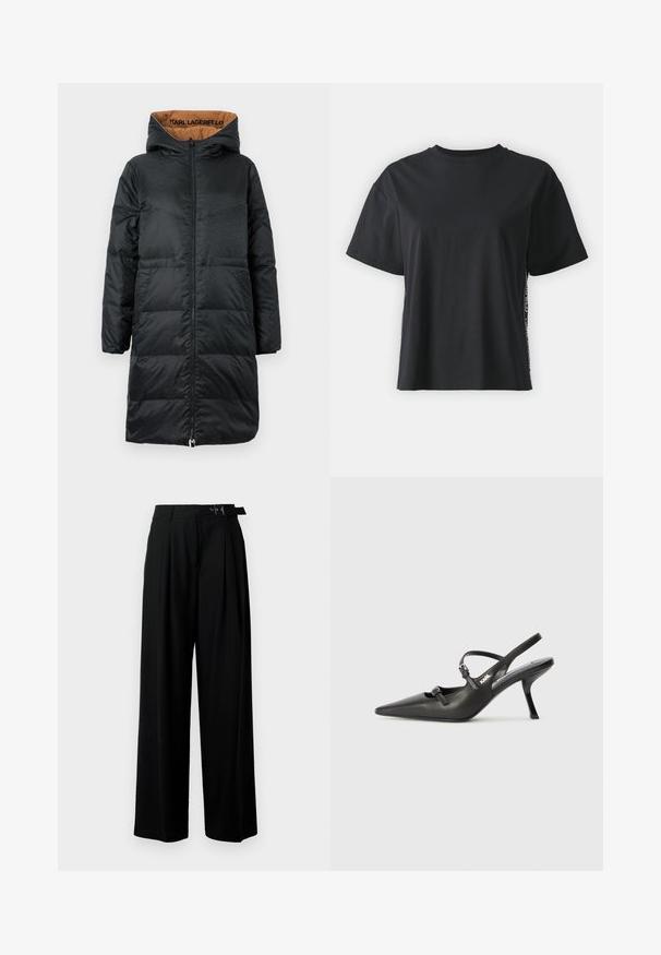Melnā paliktne jaka ar kapuci, ar pilnu priekšējo rāvējslēdzēju, teksturētu audumu un brūnu odere, kurā iekšpusē ir "KARL LAGERFELD" zīmols.; Melna īsām piedurknēm kokvilnas t-kreklu ar brīvu piegriezumu un kontrastējošu sānu paneli, kas satur nelielu tekstu un dizaina detaļas.; Melni plaši bikses ar augsto jostasvītru, priekšā ar krokojiem un jostu ar sprādzi. Izgatavotas no gludas, vieglas auduma.; Melnas ādas slingback papēži ar norādītu purngalu, izsmalcinātu papēdi un dekoratīvu sprādzi uz priekšpuses. Gluda tekstūra un elegants dizains.