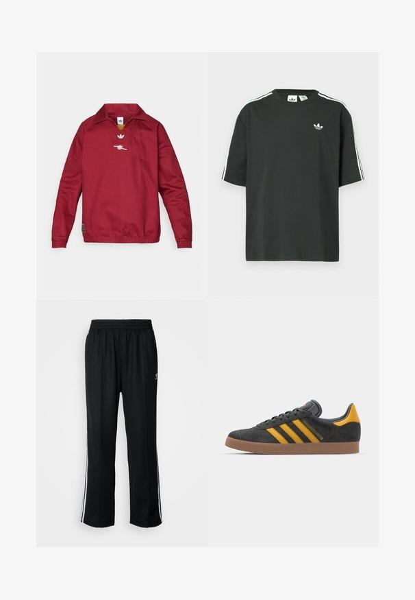 Sarkans pulovers ar apkakli, izgatavots no gludas auduma. Uz krūtīm izšūts logotips un ar ribām apdarinātas aproces. Elastīga apakšmala.; Melna kokvilnas T-krekls ar īsām piedurknēm, apaļu kakla izgriezumu un baltām trim svītrām uz pleciem. Uz krūtīm neliels balts logo.; Melni sporta bikses ar elastīgu jostas vietu, kurām ir baltas sānu svītras un neliels logotips. Materiāls izskatās mīksts un viegls.; Melnas zamšādas kedas ar dzelteniem akcentiem, kurām ir trīs svītras un brūna gumijas zole. Iekļauta mīksta valkāšanas tongue komfortam.