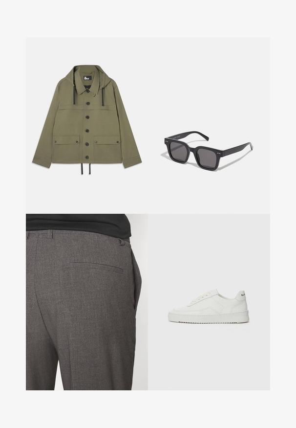 Oliven grøn jakke med hætte, knaplukning foran, to brystlommer og snøre i kanten. Fremstillet af glat stof med sorte hardwaredetaljer.; Cremefarvet bomuldsblended sweater med ribbet rund hals, dropped shoulders og ribbede manchetter og kant. Blød tekstur med en afslappet pasform.; Grå skræddersyede bukser med en glat tekstur, udstyret med en enkelt baglomme og et slim fit design. Stoffet har et subtilt mønster.; Hvide lædersneakers med en glat overflade, rund tå, flade snørebånd og en tekstureret sål. Har et diskret logo på hælen.; Sorte rektangulære solbriller med mørke linser, der har en tyk ramme, subtile detaljer på siderne og uden synlige logoer udover mærkenavnet.; Canvas tote bag i lys beige med dobbelthåndtag, med "SAMSOE" logo i hvidt trykt på fronten. Rektangulær form med enkelt design.