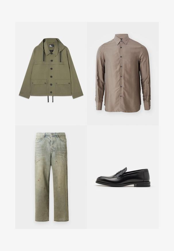 Olive green jacket with a hood, button front, two chest pockets, and drawstring hem. Made from smooth fabric with black hardware accents.; Long-sleeve shirt in a taupe color, made of smooth fabric, featuring a button-up front and dark buttons, with a small logo on the chest.; Distressed denim jeans in light green, featuring a straight leg, five-pocket design, and uneven fading with paint splatters.; Black leather loafers with a smooth texture, rounded toe, and a decorative strap across the vamp. Low stacked heel, minimalist design.