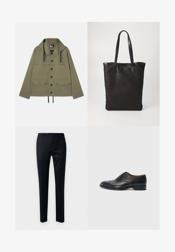 Olivgrüne Jacke mit Kapuze, Knopfverschluss, zwei Brusttaschen und Kordelzugsaum. Hergestellt aus glattem Stoff mit schwarzen Hardware-Akzenten.; Weißes Langarm-Hemd mit Knöpfen aus Baumwolle, ausgestattet mit einer Brusttasche mit tonalem Stickerei, einem Kragen und Knopfmanschetten.; Schwarze Anzughose aus glattem Stoff mit schmal zulaufendem Bein, Ein-Knopf-Verschluss und Seitentaschen für mehr Komfort.; Schwarze Lederoberlederschuhe mit glatter Oberfläche, abgerundetem Zeh, fünf Ösen für die Schnürsenkel und niedrigem Blockabsatz. Minimalistisches Design mit feinen Nähten.; Schwarze Stofftote mit schwarzen Ledergriffen. Einfaches Design, geräumiger Körper und glatte Textur. Keine sichtbaren Logos oder Muster.