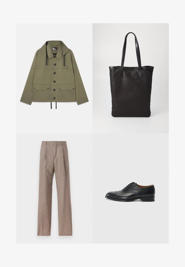 Olivnozeleni jakna s kapuco, z gumbom spredaj, dvema žepoma na prsih in vrvico na robu. Narejena iz gladkega materiala z črnimi kovinskimi dodatki.; Bela dolgo rukava srajca s kragnico, izdelana iz bombaža, z žepom na prsih in toniranimi vezeninami ter gumbi na manšetah.; Rjave hlače z visokim pasom, izdelane iz teksturirane tkanine. Imajo široke noge in dve sprednji pregibi za strukturo. Urejen zaključek brez vidne strojne opreme.; Črne usnjene oblečne čevlje z gladko površino, okrogle konice, petimi luknjami za vezalke in nizkim blok peto. Minimalističen dizajn s subtilnim šivanjem.; Črna platnena torba s črnimi usnjenimi ročaji. Preprost dizajn, prostorna notranjost in gladka tekstura. Brez vidnih logotipov ali vzorcev.