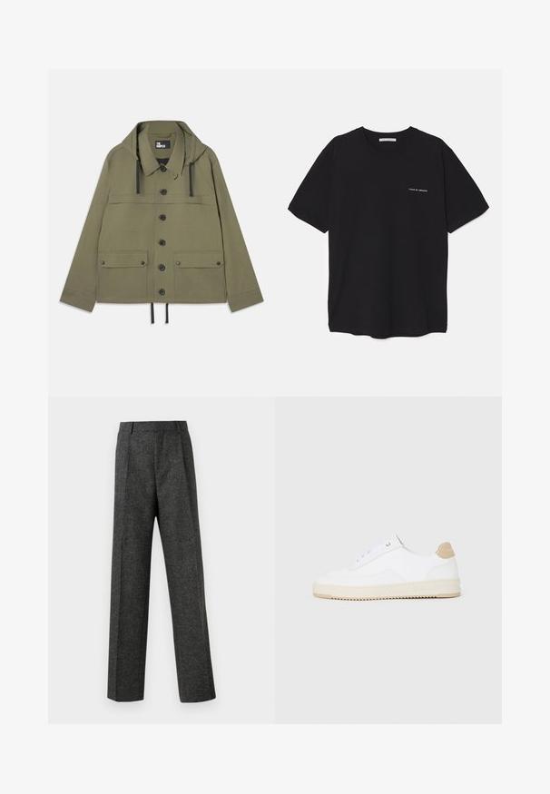Olivgrüne Jacke mit Kapuze, Knopfverschluss, zwei Brusttaschen und Kordelzugsaum. Hergestellt aus glattem Stoff mit schwarzen Hardware-Akzenten.; Schwarzes Baumwoll-T-Shirt mit Rundhalsausschnitt, kurzen Ärmeln und weißem Logodruck auf der linken Brust. Einfaches, einfarbiges Design.; Graue maßgeschneiderte Hose aus strukturiertem Stoff, mit zwei vorderen Falten und geradem Bein. Keine sichtbaren Taschen oder Verzierungen.; Weiße Low-Top-Sneaker mit einem strukturierten Lederobermaterial, cremefarbener, geriffelter Sohle und einem braunen Akzent an der Ferse. Mit weißen Schnürsenkeln und Logodetail an der Ferse.