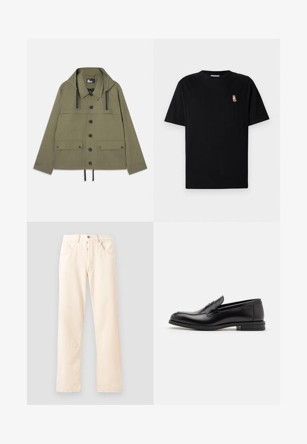 Jachetă verde măslinie cu glugă, cu închidere la butoane, două buzunare pe piept și extremitate cu șnur. Fabricată dintr-un material neted, cu accesorii negre.; Tricou negru cu mânecă scurtă și guler rotund, având un mic logo brodat cu o vulpe portocalie pe partea stângă a pieptului.; Jeans din denim bej deschis, cu un design drept, cinci buzunare și închidere cu nasture frontal. Cusăturile sunt vizibile pe margini.; Mocasini din piele neagră cu o textură netedă, vârf rotund și o curea decorativă peste partea superioară. Toc mic, design minimalist.