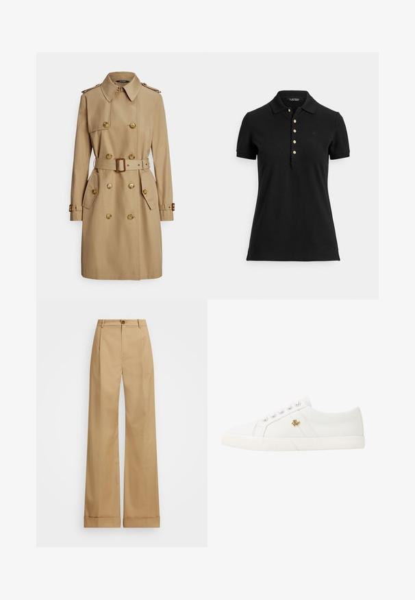 Trenci bej cu design cu două rânduri de nasturi, nasturi aurii, epoleți, talie cu curea și buzunare laterale. Țesătură netedă, rezistentă.; Tricou polo negru din material texturat, cu guler, mâneci scurte și o fenta cu nasturi aurii. Detaliu subtil cu logo pe piept.; Pantaloni bej cu croi larg, cu închidere prin buton, având o textură netedă și pliuri presate. Picioare cu mansete pentru un detaliu suplimentar.; Lauren Ralph Lauren JANSON II CANVAS SNEAKER - Sneakers low - optic white