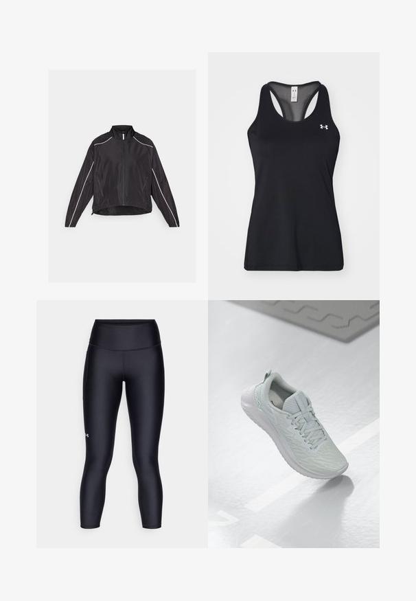 Zwarte lichtgewicht jacket met een rits aan de voorkant, hoge kraag en witte reflecterende strepen langs de schouders en zijkanten. Twee met rits afgesloten zakken.; Zwarte sportieve tanktop van een gestructureerde stof, met een racerback-ontwerp en subtiele logodetail op de borst. Lichtgewicht en ademend materiaal.; Zwarte leggings van glad, rekbaar materiaal. Hoog ingezette taille met een nauwsluitende pasvorm en een klein logo op het linkerpedaal.; Lichtgrijze sportschoen met een gestructureerde mesh bovenkant, vetersluiting, gedempte zool en minimaal merkdetail.