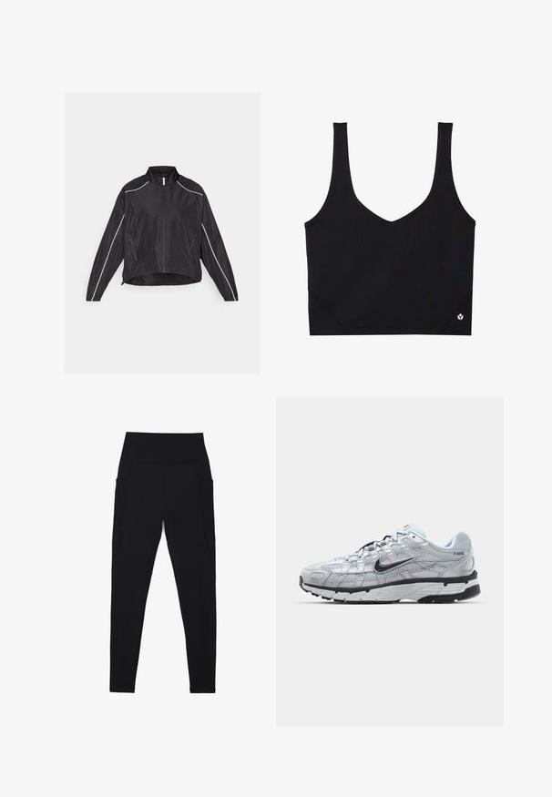 Melnā vieglā jaka ar priekšējo rāvējslēdzēju, augstu apkakli un baltām atstarojošām svītrām pa pleciem un sāniem. Divas ar rāvējslēdzējiem aizveramas kabatas.; Melnā sporta krūšturis ar platām siksnām, V-veida dizains, teksturēta auduma materiāls un logo detaļa apakšmalā. Gluda apdare, minimālisma stils.; Melnas legingu bikses, kas izgatavotas no elastīga auduma ar augstu ribotu jostasvietu. Iezīmē sānu kabatas un šuvju trūkumu, lai nodrošinātu komfortu.; Nike P-6000 sporta apavi ar gaiši pelēku tīkla augšdaļu, melniem akcentiem un izturīgu melnu gumijas zoli. Iekļauj sarežģītu dizainu un saites sistēmu.