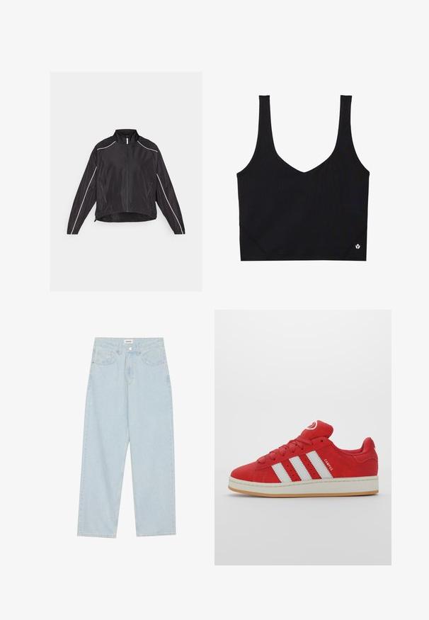Zwarte lichtgewicht jacket met een rits aan de voorkant, hoge kraag en witte reflecterende strepen langs de schouders en zijkanten. Twee met rits afgesloten zakken.; Zwarte sportbeha met brede banden, een V-hals ontwerp, gestructureerde stof en logo detail aan de zoom. Gladde afwerking, minimalistische stijl.; Lichtblauwe wijde spijkerbroek van denim, met een middellange taille, vijf zakken en een knoopsluiting met een slanke metalen accent.; Rode suède sneakers met drie witte strepen, rubberen zool, ronde neus en gevoerde tong, met 'CAMPUS' detail aan de zijkant.