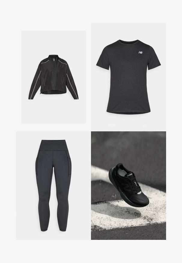 Black lightweight jacket with a front zipper, high collar, and white reflective stripes along shoulders and sides. Two zippered pockets.; Black short-sleeve t-shirt made of soft fabric, featuring a small gray New Balance logo on the upper left chest, classic crew neck design.; High-waisted black leggings made of stretchy, smooth fabric. Features two side pockets and contrast stitching along the seams.; Black running shoe with a textured upper, sleek design, and reflective accents. Features a soft, cushioned sole for comfort.