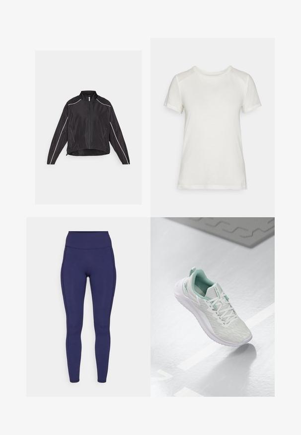 Sort letvægtsjakke med frontlynlås, høj krave og hvide reflekterende striber langs skuldrene og siderne. To lynlåslommer.; Hvid kortærmet t-shirt lavet af blødt stof, med en rund halsudskæring og en afslappet pasform med glatte, sømløse skulderdetaljer.; Marineblå højtaljede leggings lavet af strækbart stof. Har flade sømme og en tæt pasform, med to sidelommer til opbevaring.; Lys grå sportsko med en struktureret strikket overdel, mintgrønne accenter, hvide snørebånd, gummisål og en løkke ved hælen.