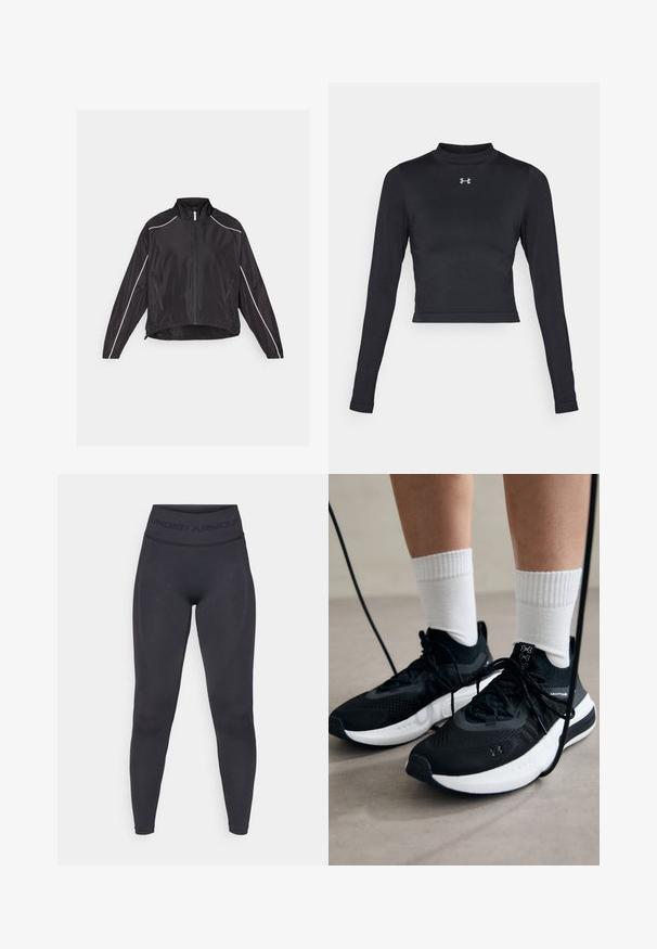 Veste légère noire avec une fermeture éclair à l'avant, un col haut et des bandes réfléchissantes blanches le long des épaules et des côtés. Deux poches zippées.; Crop top noir à manches longues fabriqué en tissu lisse et extensible, doté d'un col montant et d'un petit logo réfléchissant sur la poitrine.; Leggings noirs avec une taille haute élastique arborant le texte "UNDER ARMOUR". Texture lisse avec des accents de motifs subtils le long des jambes.; Chaussures de sport noires en tissu texturé, avec une semelle blanche et des lacets noirs. Portées avec des chaussettes blanches côtelées, debout sur une surface claire.