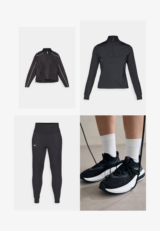 Black lightweight jacket with a front zipper, high collar, and white reflective stripes along shoulders and sides. Two zippered pockets.; Black long-sleeve pullover with a high zipper collar, made of smooth fabric. Features fitted sleeves and a cropped design.; Black athletic leggings made from stretchy material, featuring a high waistband, side pockets, and fitted cuffs at the ankle.; Black athletic shoes with textured fabric, white sole, and black laces. Worn with white ribbed socks, standing on a light surface.