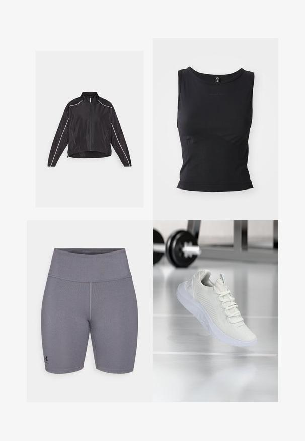 Black lightweight jacket with a front zipper, high collar, and white reflective stripes along shoulders and sides. Two zippered pockets.; Black sleeveless athletic top made from smooth fabric, featuring a rounded neckline and a fitted silhouette with subtle logo detailing.; Gray athletic shorts with a high waistband, made of elastic fabric. Features flatlock seams and a discreet logo in black on the left leg.; White athletic sneaker with a textured mesh upper and lacing system, featuring a cushioned white sole and subtle ribbed accents.