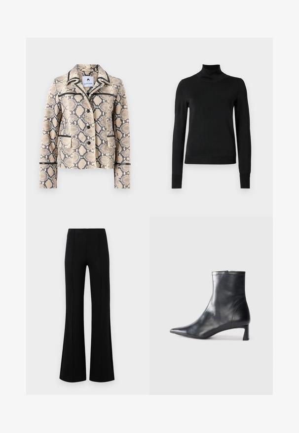 Giacca stampata a serpente, beige e nera, con vestibilità sartoriale, due tasche frontali e profili a contrasto lungo il colletto e le tasche.; Pullover nero a maniche lunghe con collo alto, rifinito con polsini e orlo a coste, mostrato su uno sfondo bianco semplice.; Pantaloni neri a zampa d'elefante con vita alta, realizzati in tessuto elastico. Presentano dettagli di cucitura verticale nella parte anteriore e una texture liscia.; Stivaletto in pelle nera con punta affusolata e design elegante. Presenta un tacco basso e una chiusura con zip sul retro. Texture liscia.