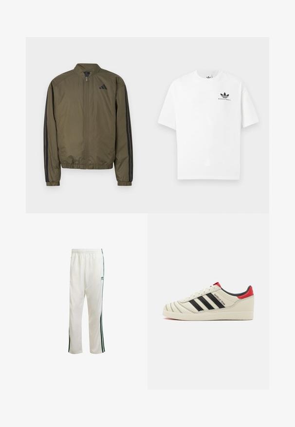 Alyvuogių žalia bombonešio striukė su priekiniais užtrauktukais, raukšlėtais rankogaliais ir juodomis šoninėmis juostelėmis. Pagaminta iš lygios, lengvos medžiagos. Su Adidas logotipu.; Balta medvilninė marškinėlių su trumpomis rankovėmis, su juodu "BASKETBALL" logotipu ir ikonišku trimis juostelėmis dizainu priekyje.; Baldos sportinės kelnės su žaliomis šoninėmis juostelėmis, elastingu juosmeniu ir logotipu kairėje viršutinėje pusėje. Pagamintos iš lengvos medžiagos.; Kremo spalvos odiniai sportbačiai su juodomis juostelėmis, raudonais kulno akcentais ir tekstūruotais detalėmis. Yra gumatė padas ir raištelių uždarymas.
