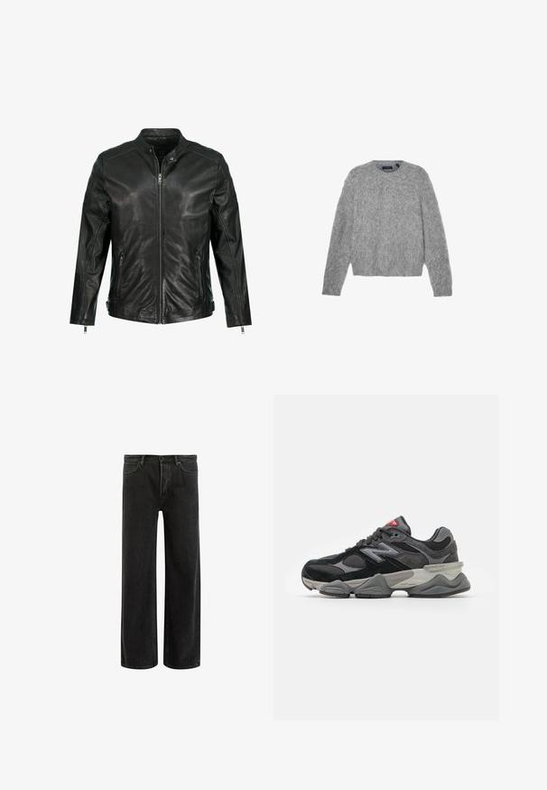 Sort læderjakke med opretstående krave, fuld lynlås foran, to sidelommer med lynlås og paneldetaljer på skuldrene. Glat tekstur.; Grå, langærmet sweater lavet af blødt materiale med rund halsudskæring og en cropped pasform. Glat tekstur med et blødt, let udseende.; Grøn bomulds t-shirt med korte ærmer, ribbet rund halsudskæring og broderet Nike-logo på brystet. Glat tekstur og afslappet pasform.; Sorte denim bredde ben jeans med høj talje, med klassisk fem-lomme design og subtil falmning for et tekstureret udseende.; Sort og grå sneakers med en kombination af ruskind og mesh-materialer, tyk sål, fremtrædende logo og rød accent på tungen.