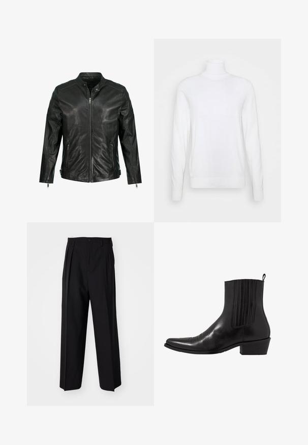 Schwarze Lederjacke mit Stehkragen, durchgehendem Reißverschluss, zwei seitlichen Reißverschlusstaschen und Einsätzen an den Schultern. Glatte Textur.; Weißer Rollkragenpullover mit langen Ärmeln, aus glattem Stoff gefertigt. Verfügt über eine taillierte Passform sowie gerippte Bündchen und Saum. Keine Muster oder Akzente.; Schwarze, plissierte Hose mit geradem, weitem Bein. Hergestellt aus glattem Stoff, mit Knopfverschluss und Gürtelschlaufen.; Schwarze Leder- ankle boot mit spitzem Zehenbereich, elastischen Seitenpaneelen, vertikalen Steppnähten und einem niedrigen Blockabsatz.