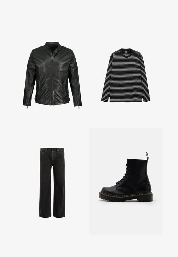 Mustat nahkatakki, jossa on pystyamara, täysi vetoketju etuosassa, kaksi sivuvetokoteloa ja paneelidetaljit hartioissa. Sileä texture.; Pitkähihainen mustavalkoinen raitapaita, joka on valmistettu pehmeästä puuvillasta. Sisältää pyöreän kauluksen ja erottuvan mustan ribbikauluksen.; Mustat farkut leveällä lahkeella ja korkealla vyötäröllä, joissa on klassinen viisi taskua -design ja hienovarainen haalistuminen tekstuurin luomiseksi.; Mustat nahkaiset nilkkasaappaat, joissa on nauhaketjullinen etuosa, keltainen ympärystikkauksen, pyöreä varvas ja paksu, teksturoitu kumipohja.
