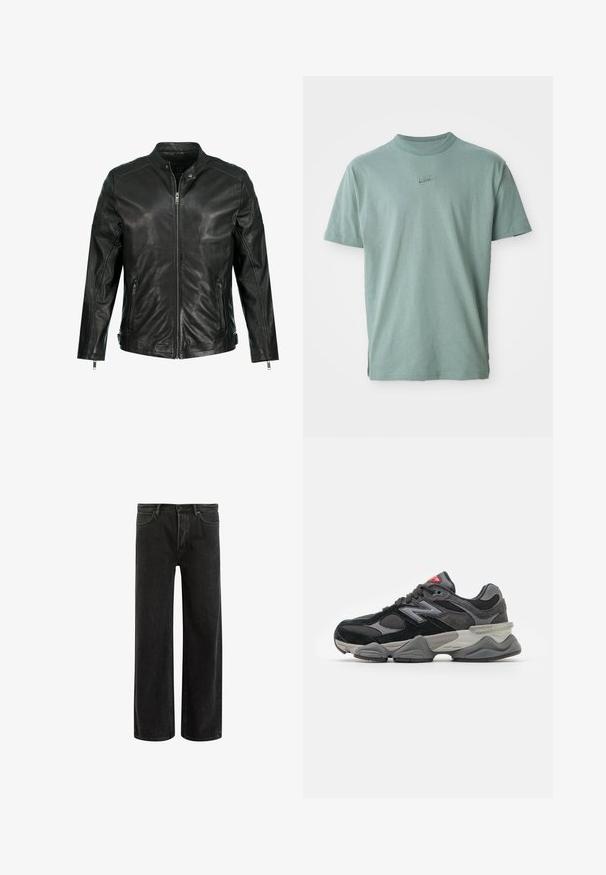 Schwarze Lederjacke mit Stehkragen, durchgehendem Reißverschluss, zwei seitlichen Reißverschlusstaschen und Einsätzen an den Schultern. Glatte Textur.; Grünes Baumwoll-T-Shirt mit kurzen Ärmeln, geripptem Rundhalsausschnitt und gesticktem Nike-Logo auf der Brust. Glatte Textur und entspannte Passform.; Schwarze, weit geschnittene Jeans aus Denim mit hoher Taille, im klassischen Fünf-Taschen-Design und subtilem Verblassen für eine strukturierte Optik.; Schwarzer und grauer Sneaker mit einer Kombination aus Wildleder und Mesh-Materialien, dicker Sohle, ausgeprägtem Logo und roten Akzenten an der Zunge.