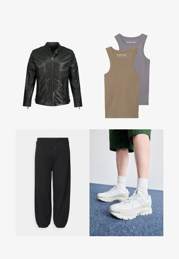 Giacca di pelle nera con colletto alto, chiusura frontale con zip, due tasche laterali con zip e dettagli a pannello sulle spalle. Texture liscia.; Due magliette senza maniche in morbido cotone. Una è marrone chiaro, l'altra è grigio lavanda, con una texture a coste e scollature rotonde.; Pantaloni della tuta neri realizzati in materiale morbido, con una vita elastica dotata di cordoncino regolabile e polsini affusolati alle caviglie.; Scarpe da ginnastica bianche con sovrapposizioni testurizzate, suola spessa e accenti grigi. Indossate con calze corte bianche e pantaloni corti verdi su una superficie blu.