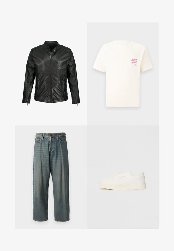 Černá kožená bunda s výstuží, plným zipem vpředu, dvěma bočními kapsami na zip a panelovým detailem na ramenou. Hladká textura.; Bílý krátký rukávový tričko s červeným textem "Studio Originals Edition" na levé hrudi, vystavené na neutrálním šedém pozadí.; Světle modré denimové džíny s volným střihem, středně vysokým pasem a rovnými nohavicemi. Obsahují pět kapes, poutka na opasek a zapínání na knoflík.; Bílé slip-on tenisky s texturovaným povrchem, silnou podešví a minimalistickým designem. Na boku je umístěno logo značky.